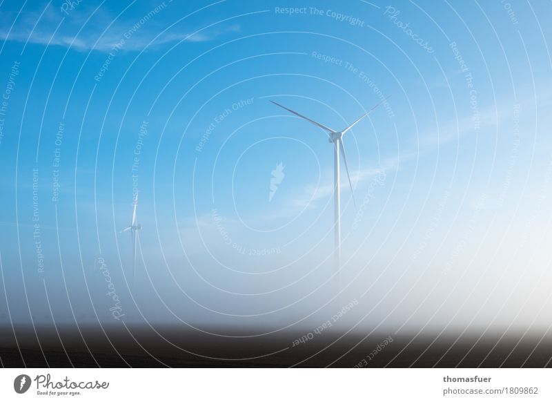 Windkraftanlagen im Nebel Energiewirtschaft Fortschritt High-Tech Erneuerbare Energie Umwelt Natur Landschaft Himmel Sonnenaufgang Klima Klimawandel Feld ruhig