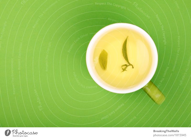 Volle Tasse grünen oolong Tees mit Blättern auf grüner, Draufsicht Getränk Heißgetränk Becher Gesunde Ernährung Leben harmonisch Erholung Blatt frisch