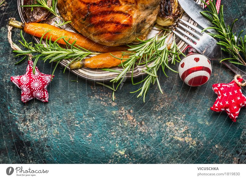 Weihnachtsessen Lebensmittel Fleisch Gemüse Kräuter & Gewürze Ernährung Festessen Geschirr Besteck Stil Design Tisch Feste & Feiern Weihnachten & Advent