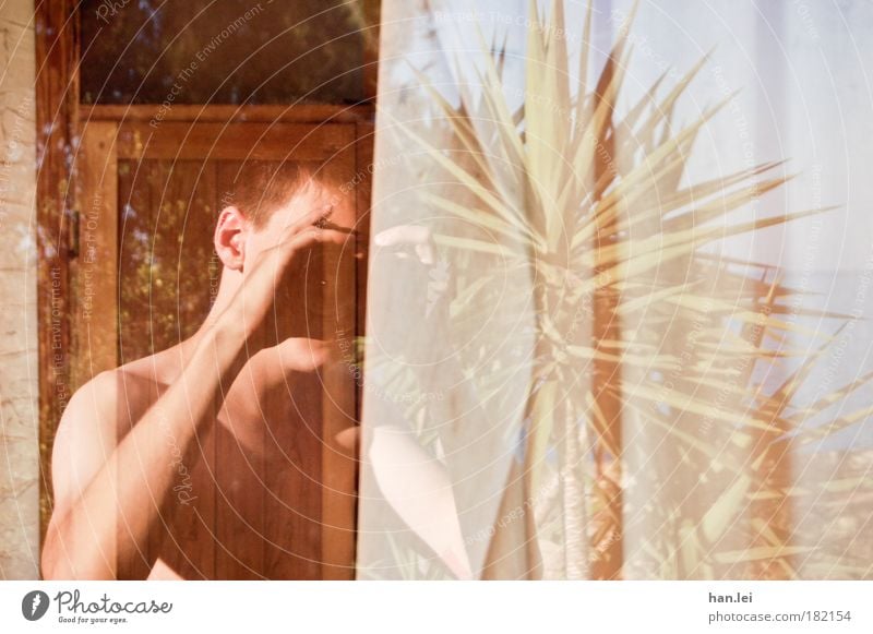 Spiegelung Selbstportrait Reflexion & Spiegelung Fensterscheibe Fotografieren Palme Hintergrundbild Textfreiraum rechts Arme Oberkörper Fotokamera Objektiv Tag