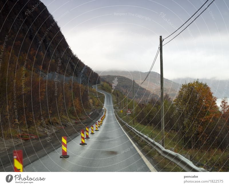 engpass Kabel Natur Landschaft Herbst Fjord Straße Verkehrszeichen Verkehrsschild Hinweisschild Warnschild fahren Ferien & Urlaub & Reisen Norwegen Baustelle