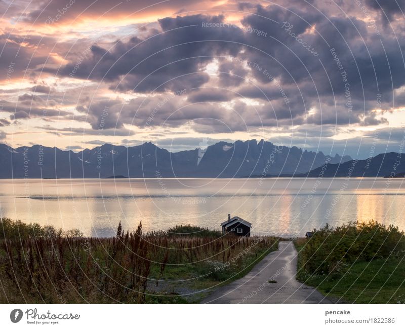 gegen das vergessen Natur Landschaft Urelemente Wasser Himmel Wolken Herbst Berge u. Gebirge Strand Bucht Fjord Lebensfreude Norwegen Hütte Fischerhütte