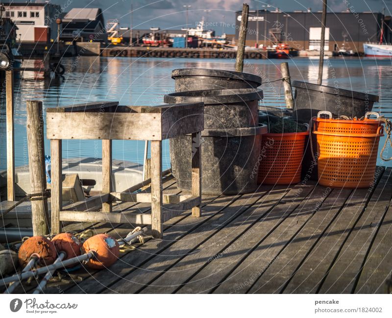 !trash! 2016 | fisherman's friends Landschaft Urelemente Wasser Küste Nordsee Fischerdorf trashig blau orange Hafen Steg Fischereiwirtschaft Tisch Fass