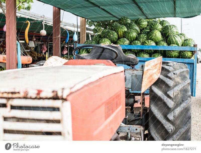 Wassermelonen im Anhänger eines Traktors Frucht Dessert Ernährung Diät Sommer Natur frisch lecker natürlich saftig grün rot Markt Hintergrund Melonen süß