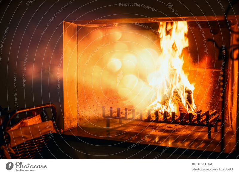 Feuer brennt in einem Kamin, Strahlungswärme Lifestyle Reichtum Design Winter Häusliches Leben Wohnung Innenarchitektur Wohnzimmer Wärme Holz gelb Energie