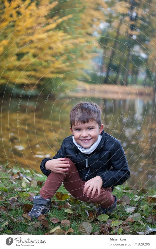 am See Freude Mensch Kleinkind Junge Familie & Verwandtschaft Kindheit 1 3-8 Jahre hocken Lächeln lachen Blick Herbst herbstlich Blatt Seeufer