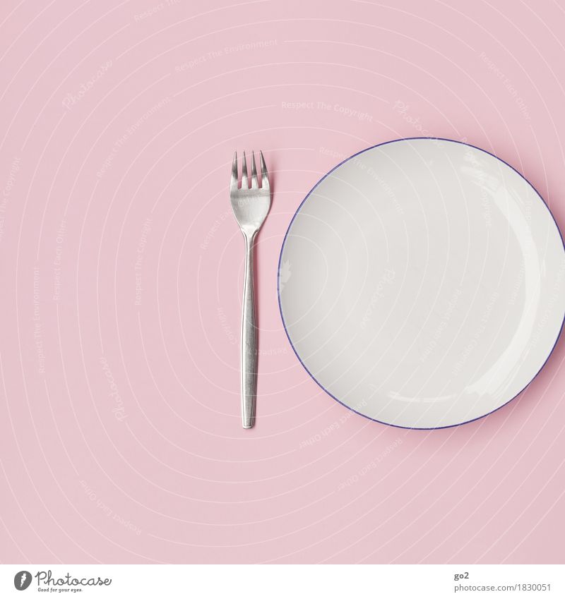 Leerer Teller Ernährung Frühstück Mittagessen Abendessen Gabel ästhetisch einfach rund rosa weiß bescheiden zurückhalten sparsam leer Appetit & Hunger Farbfoto