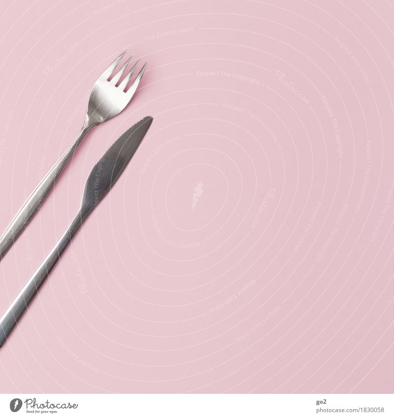 Messer und Gabel Ernährung Frühstück Mittagessen Abendessen Besteck ästhetisch einfach rosa silber Farbfoto Innenaufnahme Studioaufnahme Nahaufnahme