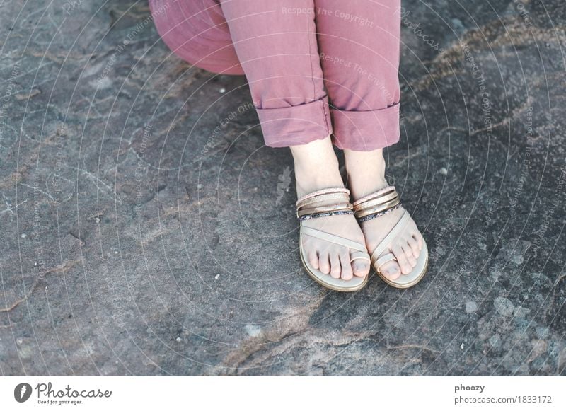 Sandals feminin Frau Erwachsene Fuß 1 Mensch 30-45 Jahre Hose Schuhe Flipflops hocken violett türkis Farbfoto Textfreiraum links Textfreiraum unten