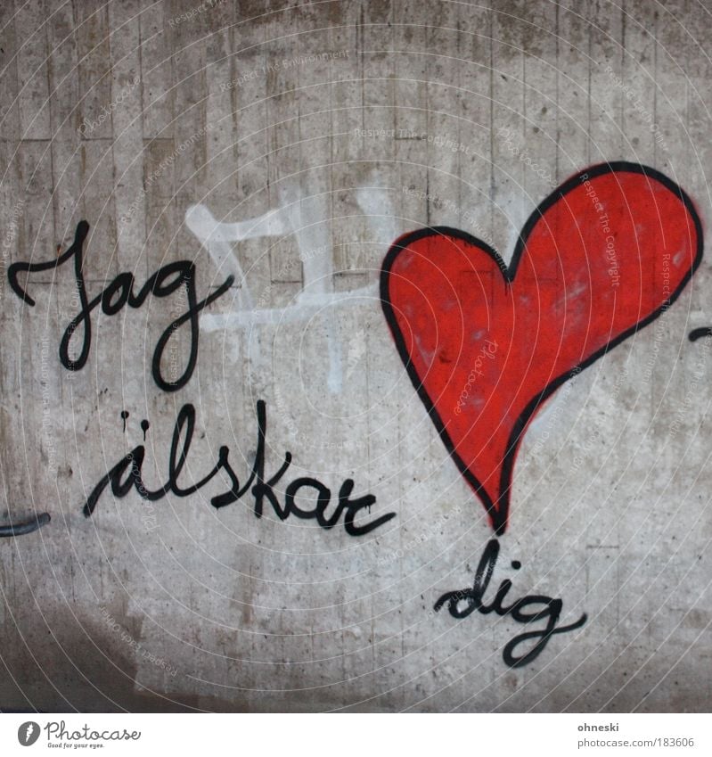 Sverige in Love Farbfoto Menschenleer Tag Zentralperspektive Brücke Tunnel Bauwerk Gebäude Mauer Wand Beton Zeichen Schriftzeichen Graffiti Herz Liebe rot