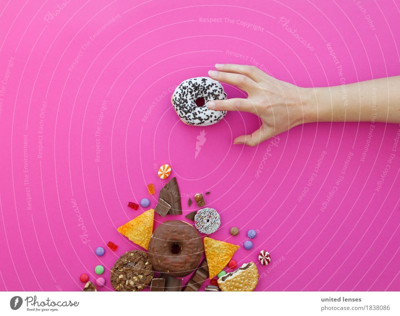 AKCGDR# Meine Kunst Kunstwerk ästhetisch Kitsch Krapfen Süßwaren lecker ungesund Hand greifen rosa Schokolade Keks Fladenbrot Bonbon Schokolinsen Gummibärchen