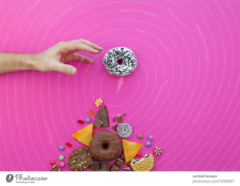 AKCG# Meiner Kunst Kunstwerk ästhetisch Gier greifen Krapfen Hand Süßwaren Schokolade Fladenbrot Kartoffelchips Bonbon Schokolinsen Gummibärchen rosa Finger