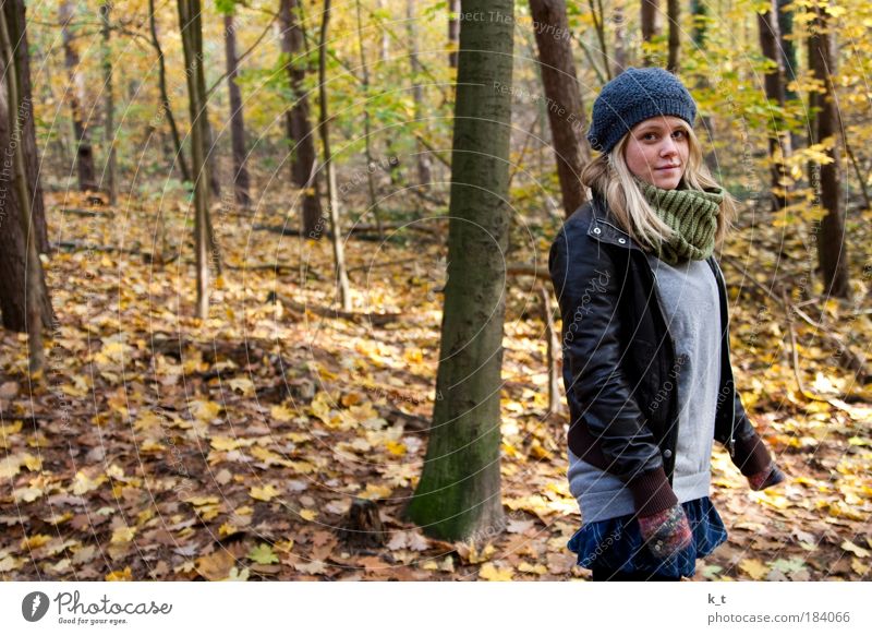 Herbst mit Schön feminin Junge Frau Jugendliche 1 Mensch 18-30 Jahre Erwachsene Wald Stoff Leder Schal Mütze blond langhaarig Erholung gehen schön gelb