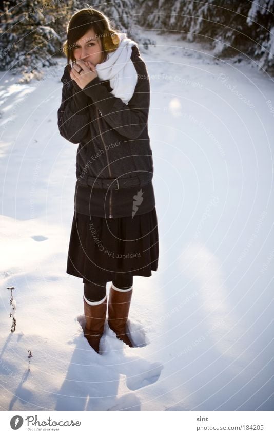 es wird kalt Farbfoto Tag Sonnenlicht Totale Porträt Blick in die Kamera Winter Schnee Winterurlaub feminin Junge Frau Jugendliche 18-30 Jahre Erwachsene Natur