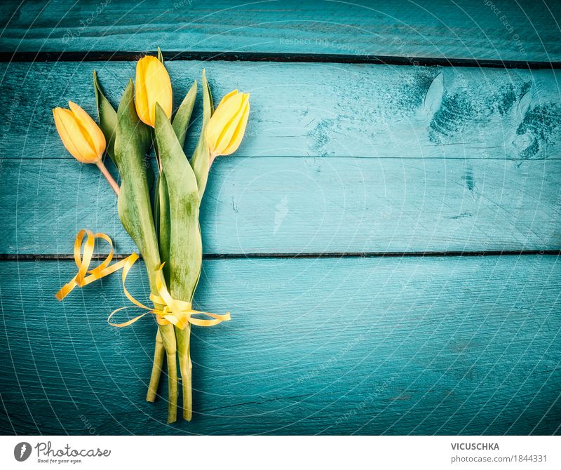 Gelbe Tulpen Blumenstrauß auf türkisblauen Hintergrund Stil Design Dekoration & Verzierung Feste & Feiern Valentinstag Muttertag Geburtstag Natur Pflanze Blatt
