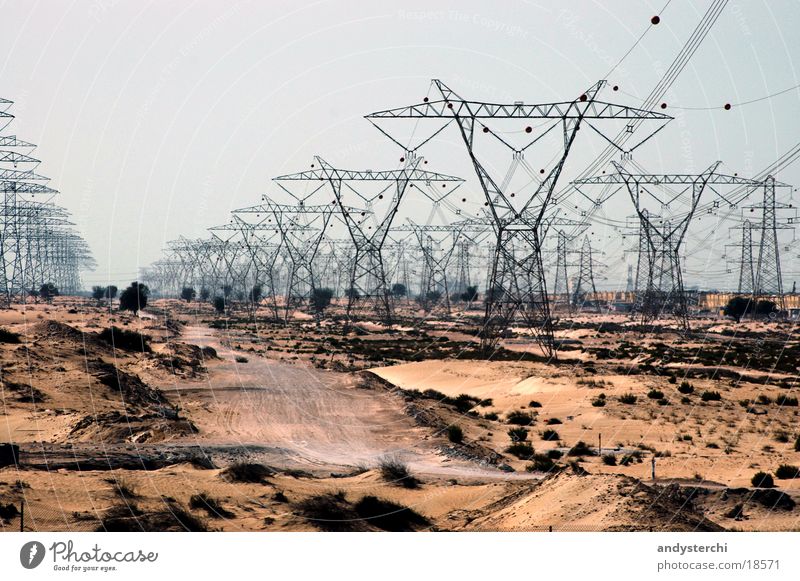 More Power Elektrizität Starkstrom Kraft Dubai Vereinigte Arabische Emirate Elektrisches Gerät Technik & Technologie Strommast Leitung Kabel Metall Wüste Sand