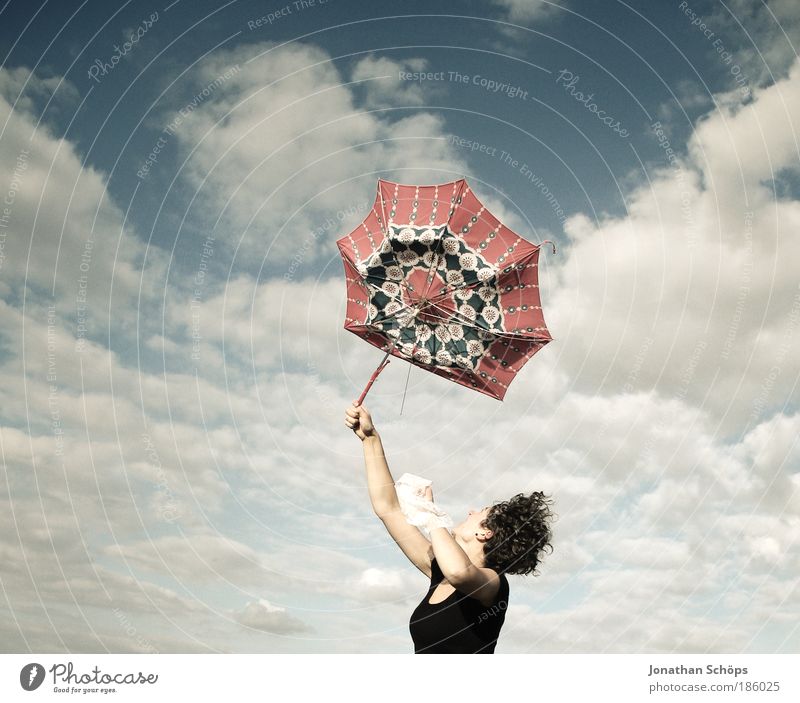 junge Frau mit rotem Schirm streckt vor Freude ihre Arme in den blauen Himmel Lifestyle Glück Zufriedenheit Erfolg Mensch feminin Junge Frau Jugendliche 1