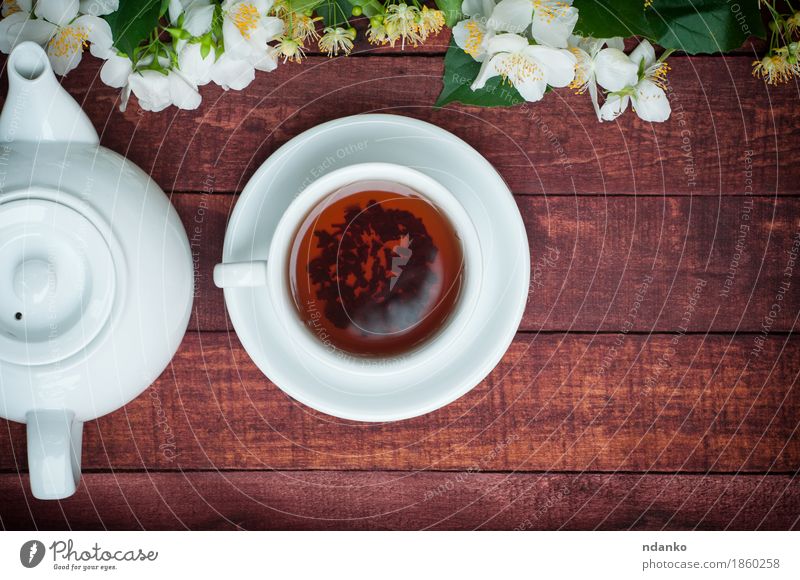 Tasse schwarzer Tee mit einer Teekanne und Jasmin-Filialen Frühstück Getränk Heißgetränk Kaffee Becher Tisch Pflanze Blume Blatt Blüte Holz Blühend frisch heiß