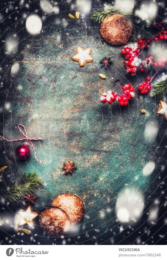 Weihnachten Hintergrund mit Plätzchen, Lebkuchen und Schnee Dessert Süßwaren Stil Design Freude Winter Dekoration & Verzierung Feste & Feiern