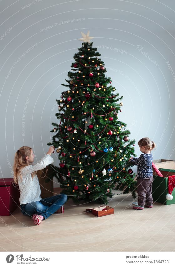 Junges Mädchen und ihre kleine Schwester, die Weihnachtsbaum verziert Lifestyle Freude Dekoration & Verzierung Feste & Feiern Kind Kleinkind