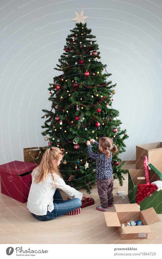 Junges Mädchen und ihre kleine Schwester, die Weihnachtsbaum verziert Lifestyle Freude Dekoration & Verzierung Feste & Feiern Kind Kleinkind