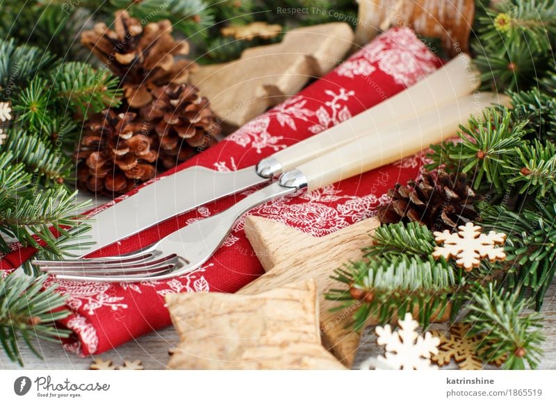 Rustikales festliches Gedeck mit Gabel und Messer Abendessen Winter Dekoration & Verzierung Feste & Feiern Silvester u. Neujahr Baum Holz Ornament braun grün