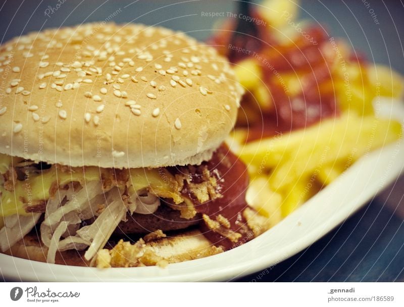 Frühstück, Mittagessen und Abendbrot Lebensmittel Fleisch Fastfood Fast Food Restaurant einzigartig modern Fett lecker Hamburger Pommes frites ungesund