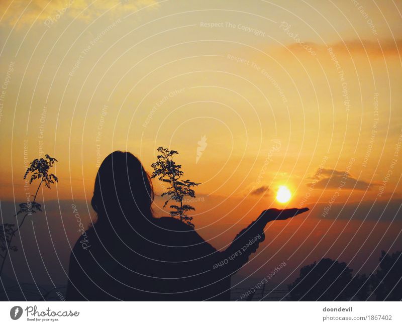 Schöner Silhoutte und Sonnenuntergang und Frau, die in der Hand Sonne hält Wellness Leben harmonisch Wohlgefühl Sinnesorgane Erholung ruhig Meditation Umwelt
