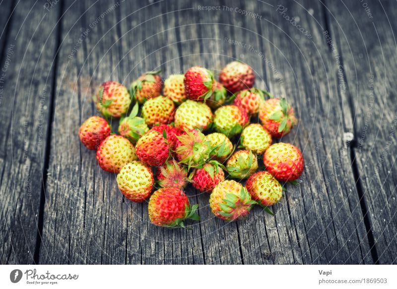 Bündel rote wilde Erdbeere Lebensmittel Frucht Dessert Ernährung Frühstück Bioprodukte Vegetarische Ernährung Diät Sommer Garten Natur Blatt Holz alt frisch