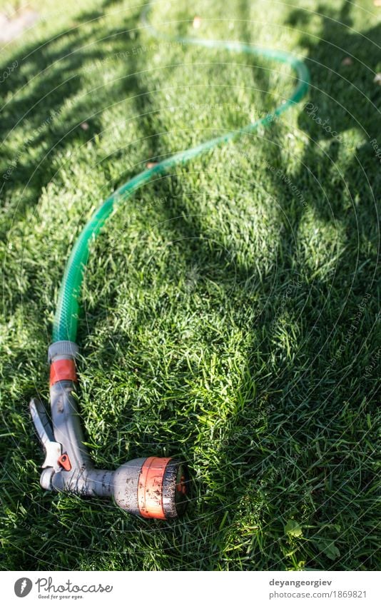 Gartenschlauch und -sprüher auf grüner Wiese Sommer Gartenarbeit Werkzeug Hand Umwelt Natur Gras Tube nass Schlauch Wasser Sprinkleranlage Bewässerung Rasen