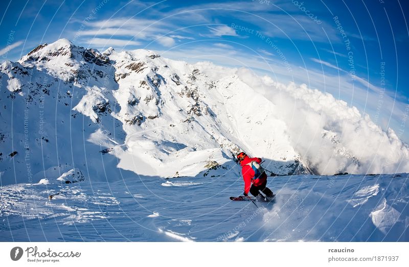 Man fährt im frischen Schnee bergab. Westalpen, Italien Winter Berge u. Gebirge Sport Skifahren Junge Mann Erwachsene Landschaft Himmel Jacke blau rot extrem