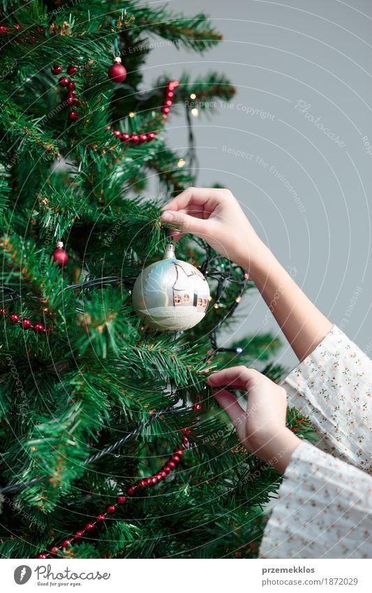 Junges Mädchen, das zu Hause Weihnachtsbaum mit Ball verziert Lifestyle Freude Dekoration & Verzierung Feste & Feiern Weihnachten & Advent Mensch Arme Hand 1