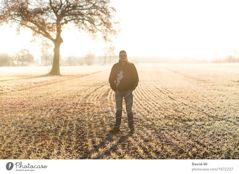 Mann steht bei Frost draußen auf dem Acker Kälte Sonnenlicht Sonnenstrahlen Sonnenuntergang Licht gelb Ackerboden gefroren hände in den taschen