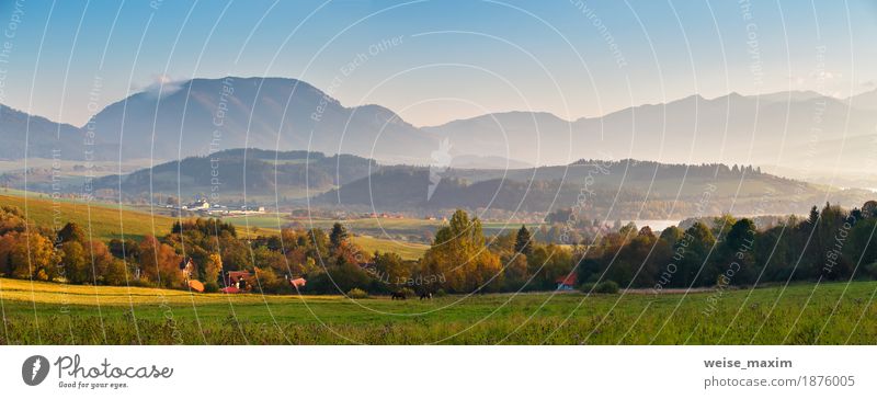 Sonniges Morgenpanorama des Slowakei-Herbstes. Dorf im Tal. Lifestyle Ferien & Urlaub & Reisen Tourismus Ausflug Freiheit Sommer Berge u. Gebirge wandern Haus