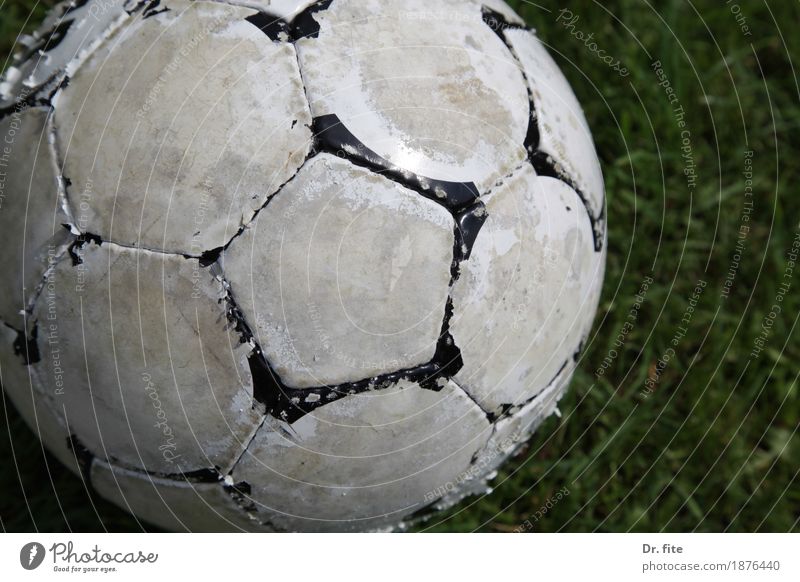 Der Ball ist rund Ballsport Fußball Gras Wiese Spielen Sport alt dreckig hässlich Freizeit & Hobby Vergänglichkeit weiß verschlissen gebraucht Farbfoto