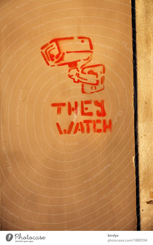 ...you ! Mauer Wand Fassade Überwachungskamera Überwachungsstaat Zeichen Schriftzeichen Graffiti beobachten Neugier braun gelb rot Akzeptanz Sicherheit Schutz