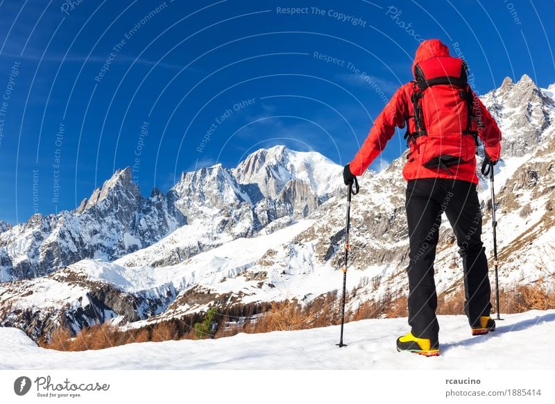 Wanderer macht eine Pause, Mont Blanc, Courmayer, Italien betrachtend. schön Ferien & Urlaub & Reisen Tourismus Ausflug Abenteuer Expedition Winter Schnee