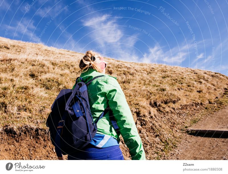 Auf, Auf! Abenteuer Berge u. Gebirge wandern Sport Junge Frau Jugendliche 18-30 Jahre Erwachsene Natur Herbst Schönes Wetter Wiese Alpen Trainingsjacke