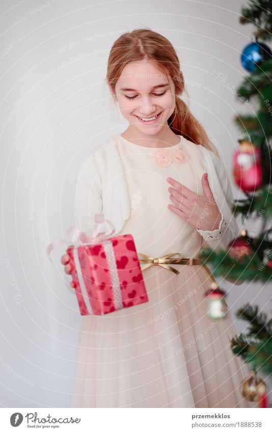 Glückliches Mädchen, welches das Weihnachtsgeschenk steht hinter einem Baum hält Lifestyle Feste & Feiern Weihnachten & Advent Kind Mensch 1 8-13 Jahre Kindheit