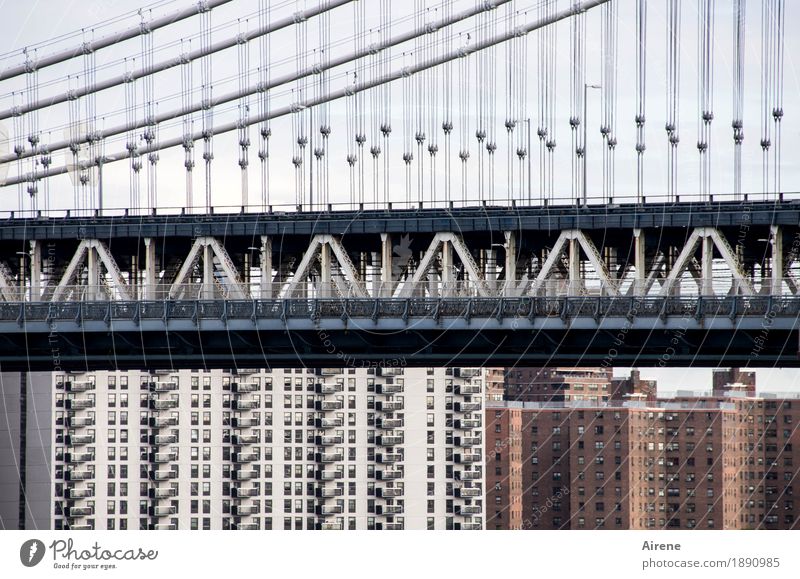 drunter oder drüber New York City Amerika Stadt Stadtzentrum Hochhaus Brücke Hängebrücke Fassade Sehenswürdigkeit Verkehrswege Schienenverkehr Beton Metall