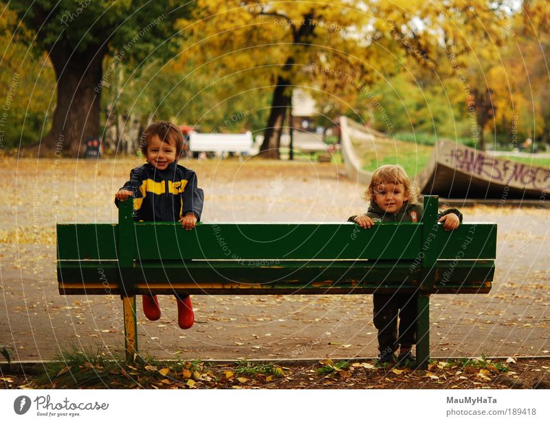 Zwei Kinder Mensch Junge Freundschaft Leben 2 3-8 Jahre Kindheit Pflanze Herbst Baum Garten Park Spielen braun gelb grün rot Farbfoto Tag Blick