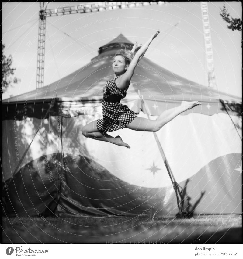 Guten Flug sportlich Freiheit Balletttänzer feminin Junge Frau Jugendliche 1 Mensch 18-30 Jahre Erwachsene Show Sommer Zelt Zirkuszelt Kleid Erholung fliegen