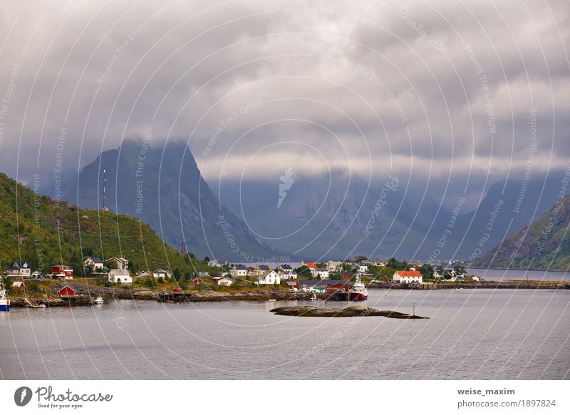 Norwegen-Dorf Reine auf einem Fjord. Nordischer bewölkter Sommer Ferien & Urlaub & Reisen Tourismus Ferne Freiheit Meer Insel Berge u. Gebirge Haus Natur