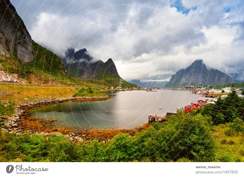 Norwegen-Dorf Reine auf einem Fjord. Nordischer bewölkter Sommertag Ferien & Urlaub & Reisen Tourismus Ausflug Abenteuer Ferne Freiheit Sightseeing Städtereise