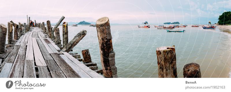 Alter Holzsteg und Fischerboote in Bucht von Langkawi, Malaysia Getränk Strand exotisch Natur Ferien & Urlaub & Reisen Umwelt Ferne Island Anlegestelle Steg