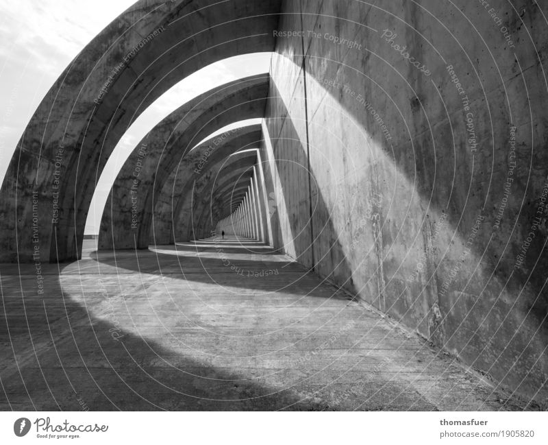 Beton, Tunnel, Frau Mensch Erwachsene 1 Schönes Wetter Bauwerk Gebäude Architektur Mole Buhne Mauer Wand gehen groß lang modern Stadt grau schwarz weiß Stimmung