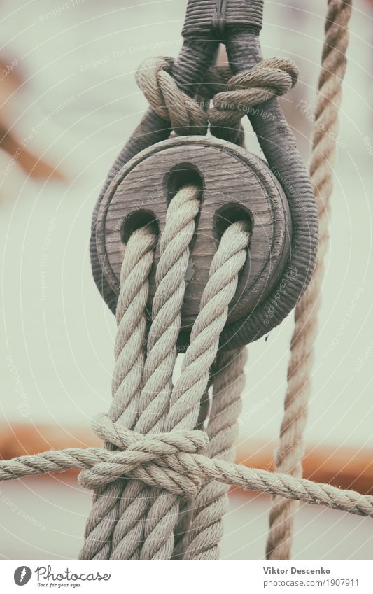 Seile in Knoten gebunden Ferien & Urlaub & Reisen Meer Werkzeug Verkehr Jacht Segelboot Wasserfahrzeug Holz Linie alt natürlich retro braun weiß Tradition Klotz