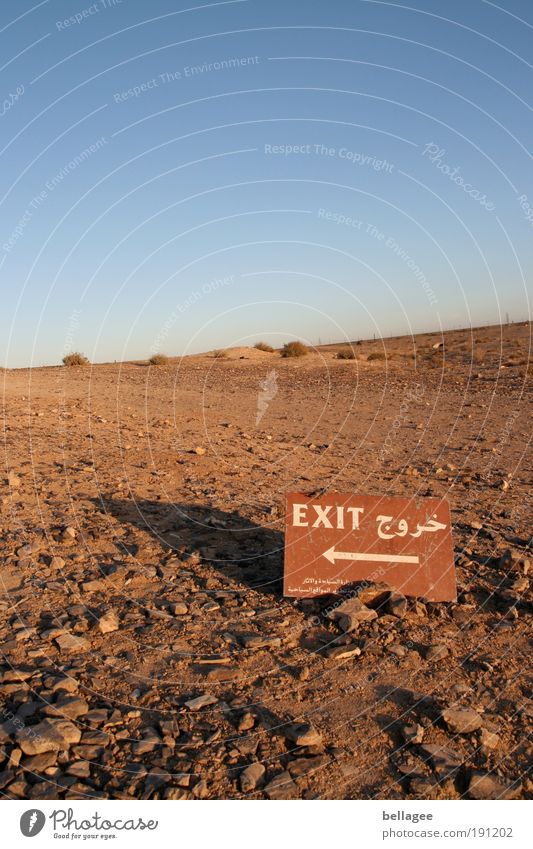 Last exit Natur Landschaft Erde Luft Himmel Wolkenloser Himmel Horizont Schönes Wetter Wärme Dürre Hügel Wüste Jordanien Menschenleer Wege & Pfade Zeichen