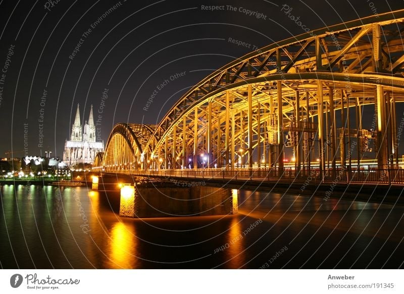 Kölner Dom, Rhein und Hohenzollernbrücke bei Nacht Flussufer köln Deutschland Europa Brücke Bauwerk Architektur kirche Sehenswürdigkeit Wahrzeichen Stimmung