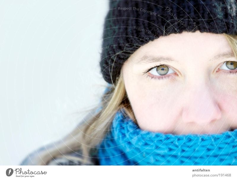 Klarer Blick Mensch feminin Junge Frau Jugendliche Haut Kopf Haare & Frisuren Gesicht Auge Nase 1 18-30 Jahre Erwachsene Winter Eis Frost Mantel Schal Mütze